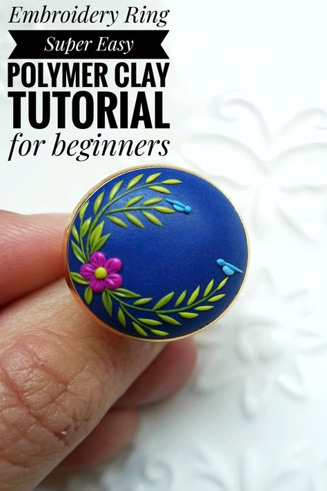 Easy Polymer Clay Tutorial, Polymer Clay Embroidery Technique, Modeling Clay Jewelry, Polymer Clay Embroidery Tutorial, Polymer Clay For Beginners, Polymer Clay Jewelry Techniques, Diy Flower Ring, Bird Polymer Clay, Polymer Tutorial