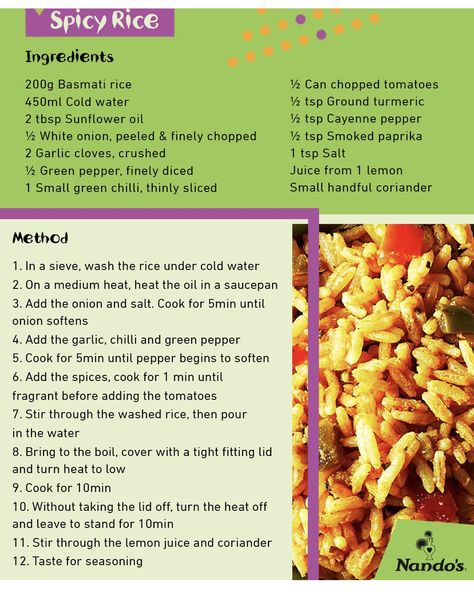 Nando’s Spicy Rice Recipe, Nandos Rice Recipes, Spicy Rice Recipes Easy, Rys Geregte, Nandos Recipes, Savoury Rice Recipes, Spicy Rice Recipes, Nandos Spicy Rice, Nandos Fakeaway