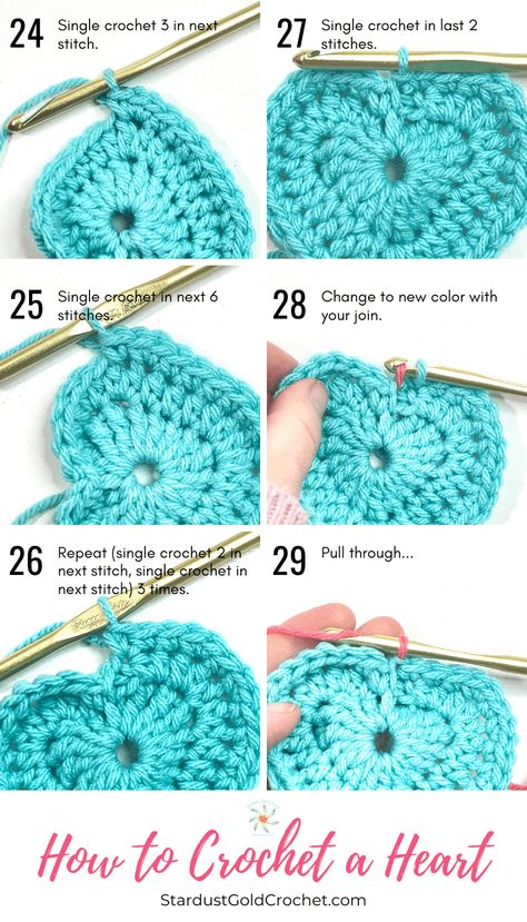 How to Crochet a Heart for Beginners | Step by Step with Video Tutorial - Stardust Gold Crochet Easy Crochet Projects Valentines Day, Stardust Gold Crochet, Granny Squares With Hearts, How To Crochet A Heart Tutorials, How To Crochet A Heart For Beginners Step By Step, Crochet Heart Pattern Tutorial, Crocheted Heart Pattern, Easy Crochet Heart Free Pattern Simple, How To Crochet A Big Heart