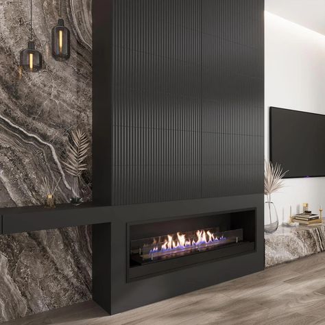 Grazioso Fluted Nero Ceramic Tile 12x36 Black Porcelain Tile Fireplace, Matte Black Tile Fireplace, White Fluted Fireplace, Black Fluted Fireplace, Black Panel Fireplace Wall, Water Vapor Fireplace Ideas, Black Marble Fireplace Wall, Black Tile Fireplace Wall, Modern Fireplace Wall With Tv