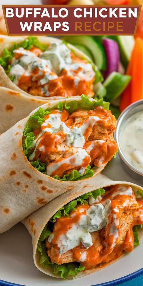 Spicy, tangy, and creamy—these Buffalo Chicken Wraps are the ultimate quick meal. Perfect for a weeknight dinner or a game day snack, they’ll satisfy your cravings every time. Buffalo Wraps Healthy, Buffalo Chicken Wrap Cheddars Copycat, Low Cal Buffalo Chicken Wrap, Buffalo Caesar Wrap, Quick And Easy Chicken Wrap Recipes, Buffalo Chicken Rap, Chicken Wrap Ideas Healthy, What To Put In Wraps, Chicken Strip Lunch Ideas