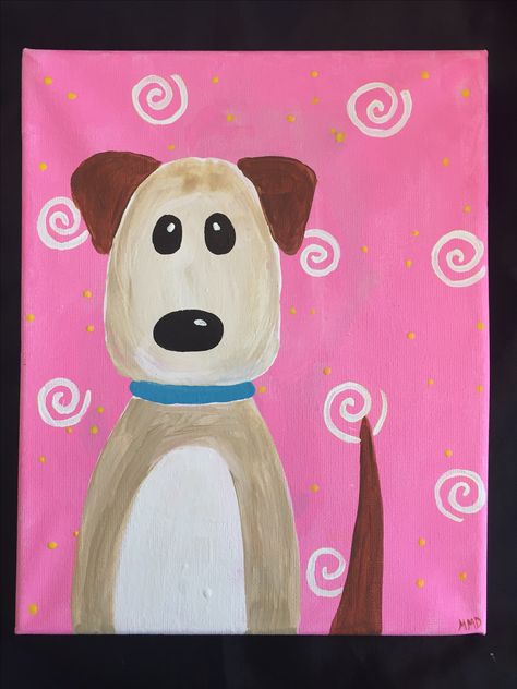 Dog canvas painting. Monkeymou Designs on Facebook and Etsy. Kids Paint Night, Canvas Art Diy, Kids Painting Party, Kids Canvas Painting, Animal Canvas Paintings, Kids Canvas Art, Dog Canvas Art, Kids Canvas, Easy Canvas Painting