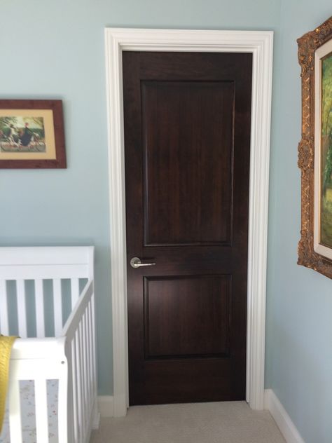 Dark Brown Doors With White Trim, White Trim Dark Doors, Dark Stained Doors With White Trim, Brown Doors White Trim, Stained Doors White Trim, Stained Interior Doors, Wood Doors White Trim, Trim Casing, Brown Interior Doors