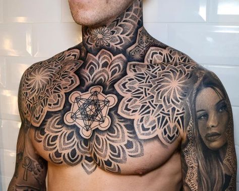 Majestic Tattoos, Geometric Throat Tattoo, Mandala Chest Tattoo, Mandala Tattoo Men, Geometric Chest, Full Chest Tattoos, Geometric Mandala Tattoo, Tattoo Chest, Geometric Sleeve Tattoo