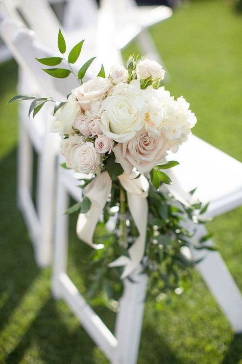 Chair Décor - Italian Ruscus, Blush & Pink Spray Roses, White Roses & White Hydrangeas Pew Flowers, Wedding Aisle Outdoor, Biltmore Wedding, Wedding Pews, Rustic Wedding Decorations, Ceremony Chairs, Aisle Flowers, Wedding Chair Decorations, Flowers And Greenery