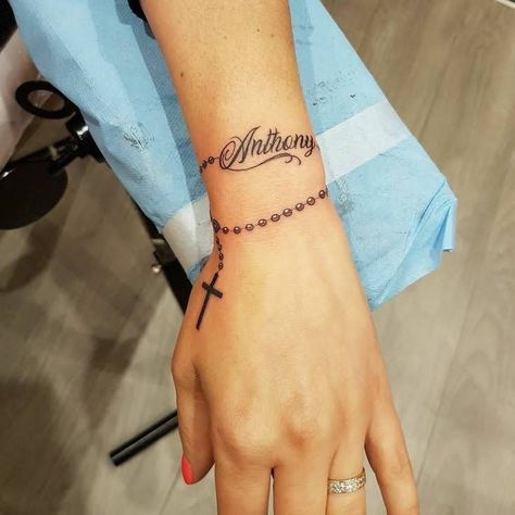 Rosary Tattoo Wrist, Wrist Tattoos Girls, Wrist Bracelet Tattoo, Name Tattoos On Wrist, Wrap Tattoo, Cross Tattoos For Women, Cute Hand Tattoos, Pretty Hand Tattoos, Wrist Tattoos For Guys