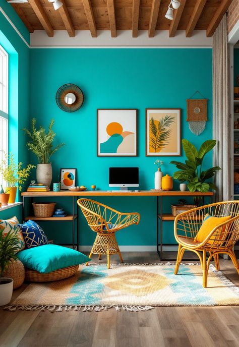 Blue and Yellow Boho Decor Turquoise Office Decor, Teal Blue Color Palette, Turquoise Home Office, Turquoise Office, Yellow Hallway, Teal Office, Turquoise Furniture, Aqua Walls, Teal Color Palette