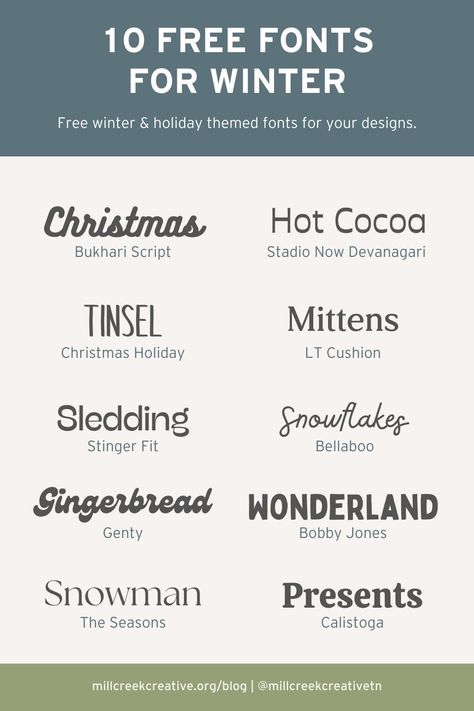 A list of 10 free fonts for winter and holiday themed designs. Canva Christmas Fonts, Slime Packaging, Free Christmas Font, Winter Typography, Christmas Fonts Alphabet, Handwritten Typeface, Christmas Fonts Free, Merry Christmas Font, Winter Fonts