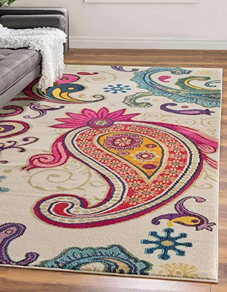 Unique Loom Estrella Collection Colorful, Paisley, Floral, Abstract, Modern Area Rug, 5 x 8 ft, Beige/Pink Aqua Rug, Shed Colours, Bed In Living Room, Cream Area Rug, Bright Patterns, Unique Loom, Botanical Pattern, Round Rug, Pink Rug