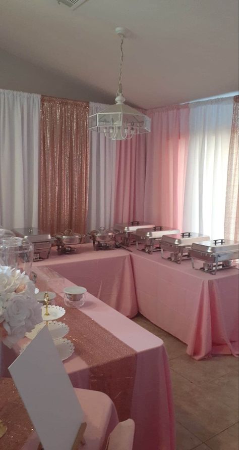 Pretty Sweet 16 Themes, Sweet 16 Party Ideas Themes Pink And Silver, Sweet 16 Chair Decorations, Light Pink Theme Party, Pink Flower Sweet 16, Pink Centerpieces Birthday Sweet 16, Sweet 16 Color Schemes Pink, Pink Sweet 16 Food Table, Mini Quinceanera Party