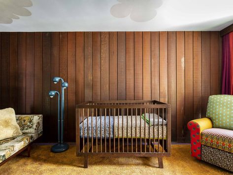 Beachwood | Reath Design of California Wood Panel Nursery, White Crib Nursery, Midcentury Nursery, 2022 Bedding, Boyfriend Harry Styles, Modern Gender Neutral Nursery, Guest Room Nursery, Mid Century Nursery, Black Crib