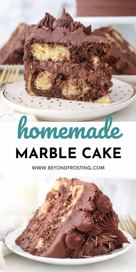 Homemade Marble Cake is swirled vanilla and chocolate cake made with one easy batter. This cake is moist and fluffy and topped with a whipped chocolate buttercream. #marblecake #cakerecipe #birthdaycake Chocolate And Vanilla Swirl Cake, Homemade Marble Cake, Easy Marble Cake Recipe, Marble Cake Recipe Moist, Whipped Chocolate Buttercream, Marble Cake Recipe, Chocolate Marble Cake, Cake With Chocolate Frosting, Marble Cake Recipes