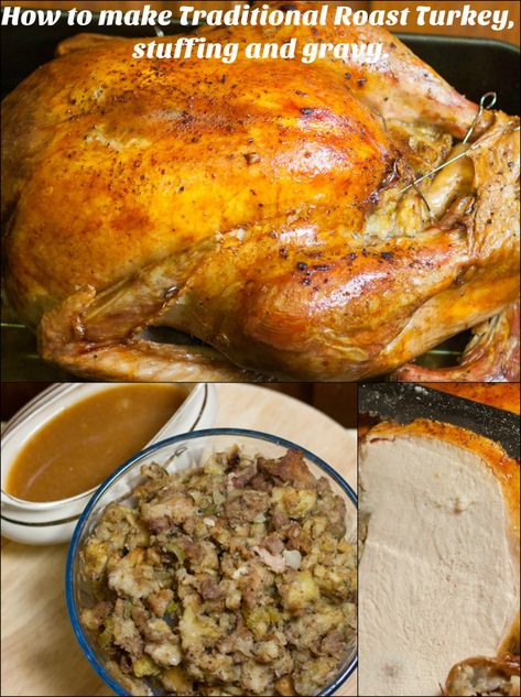 Cooking A Stuffed Turkey, Traditional Turkey Dinner, Turkey In Oven, Turkey Gravy From Drippings, Turkey Giblets, Turkey Stuffing Recipes, Perfect Roast Turkey, Traditional Turkey, Homemade Stuffing