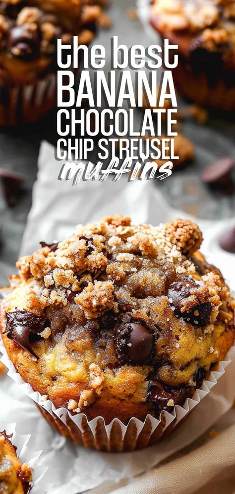 Banana Chocolate Chip Streusel Muffins [40 Minutes] – Chasety Chocolate Chip Streusel Muffins, Moist Banana Chocolate Chip Muffins, Banana Chip Muffins, Chocolate Chip Banana Bread Muffins, Banana Streusel Muffins, Banana Bread Muffin Recipe, Baked Sweets, Coffee Cake Muffins, Streusel Muffins