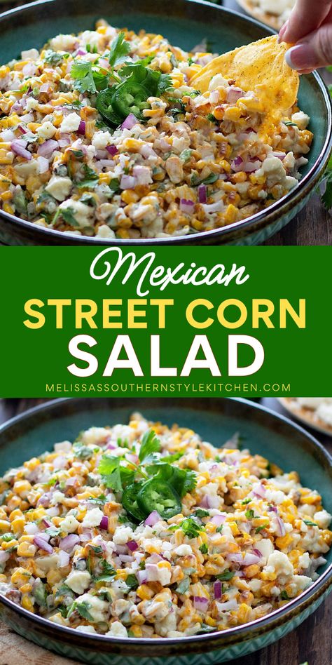 Looking for the best Cinco De Mayo side dish recipe? This mouthwatering Mexican street corn salad recipe is a terrific way to serve in a crowd. Easy to prepare, delicious and colorful making it the perfect Cinco De Mayo party food idea! Elote Salad Mexican Style, Cinco De Mayo Side Dishes, Fiesta Corn Salad, Elote Salad, Street Corn Salad Recipe, Mexican Street Corn Salad Recipe, Chopped Salads, Elote Recipe, Mexican Salad Recipes