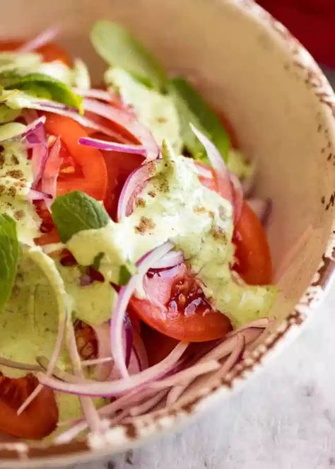 Indian Tomato Salad with Mint Dressing | RecipeTin Eats Mint Salad Dressing, Indian Salad, Poulet Tikka Masala, Mint Dressing, Salad With Mint, Indian Salads, Spicy Salad, Mint Salad, Recipetin Eats