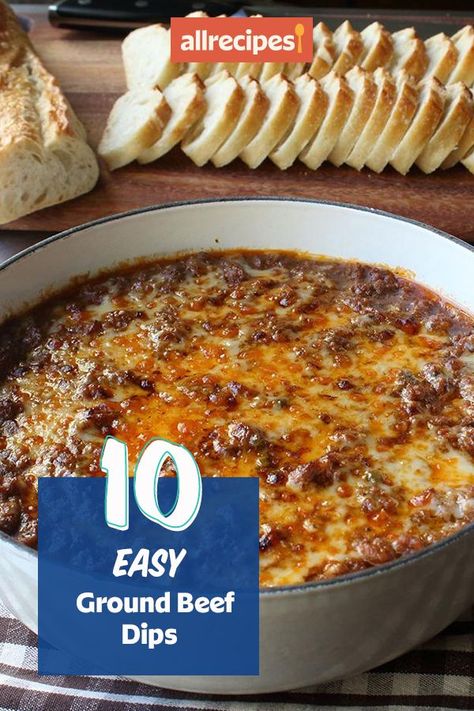 Looking for appetizer recipes? Try cooking the best ground beef dips. From taco dip to seven layer dip, these quick and easy cheese dip recipes are the best appetizer, snack, football food, and party food ideas. Football Food With Ground Beef, Easy Potluck Dip Recipes, Dips With Meat In It, Keto Ground Beef Dip Recipes, Taco Dips Recipes, Appetizer Using Ground Beef, Hot Dip With Ground Beef, Meaty Dip Recipes, Ground Beef Dip Cream Cheese