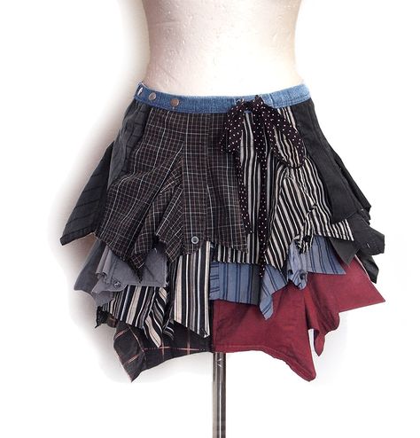 Caoutchouc skirt -  Completely upcycled folding skirt, made of the collars of men's shirts and denim. The length of the shortest part is about 35 cm, the longest part about 45 cm. Low waist.  64.00 €    http://www.kesidov.eu/skirts-shirts/suknja-kaucuk Reworked Skirt, Gingham Outfit, Mens Shirt Refashion, Creative Clothes, Upcycle Shirt, Repurposed Clothing, Shirt Refashion, Upcycled Fashion, Punk Outfits