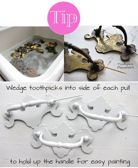 How-to-paint-drawer-pulls, wedge toothpicks into the sides to hold up for easy painting Painting Hardware, Dresser Redo, Dresser Drawer Pulls, Painted Drawers, Diy Baby Furniture, Furniture Rehab, Painting Furniture, Paint Furniture, Flipping Furniture