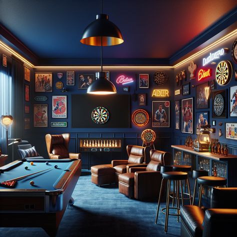 Transform your abode into a grand navy blue man cave. Enjoy a game of pool under a chic pendant light, lounge in leather recliners facing a huge TV, or sip a drink from a retro mini-bar. Admire sports memorabilia or take a shot at the dartboard. Dancing by a vintage jukebox completes the appeal. #ManCave #HomeBar #GameRoom #SportsMemorabilia #HomeEntertainment #InteriorDesign Navy Game Room, Man Cave Gym Combo, Sports Bar Aesthetic, Man Cave Ideas Basement, Blue Man Cave, Pool Table Room Ideas, Game Room Pool Table, Sports Room Man Cave, Vintage Game Room