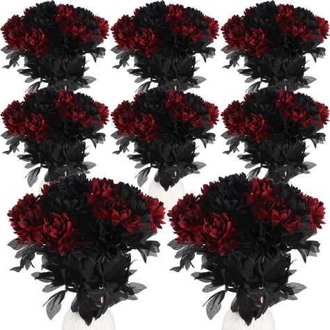 PRICES MAY VARY. Abundant Quantity and Assorted Colors: our package includes 60 pieces of dahlia flowers, with 30 pieces each in black and red, this generous quantity ensures you have enough flowers to decorate large spaces or create nice arrangements Suitable Size for Various Uses: each fake dahlia measures approximately 15 x 2.8 inches/ 38 x 7 cm, making them a versatile choice for different creative projects, whether you want to use them as table centerpieces, in floral arrangements, or for D Halloween Wedding Party Favors, Rip 30s, Halloween Flower Arrangements, Fall Wedding Table Decor, Flowers With Stems, Burgundy Dahlia, Fall Wedding Tables, Dahlia Bouquet, Dahlia Flowers