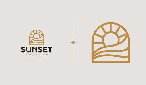 Sunset wave monoline logo template unive... | Premium Vector #Freepik #vector #vintage-beach #beach-sunset #surfing-logo #palm-beach Sunset Logo Design Ideas, Beach Hotel Logo, Sunset Branding, Beach Resort Logo, Sunset Logo Design, Beach Logos, Beach Logo Design, Sand Logo, Sun Logo Design