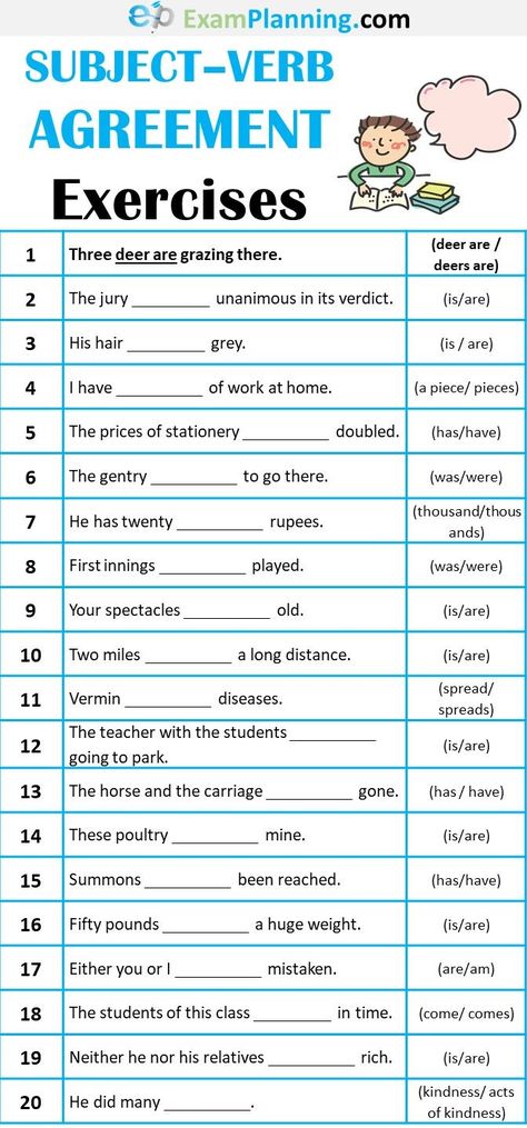 Subject-Verb Agreement (Rules, Examples & Exercises) Subject Verb Agreement Activities, Subject Verb Agreement Rules, Learning Grammar, English Grammar Exercises, English Practice, Grammar Quiz, English Grammar Book, Subject Verb Agreement, Grammar Exercises