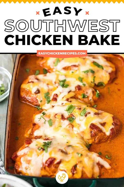 This Southwest Chicken Bake is an easy chicken dinner perfect for any night of the week. This easy chicken recipe for dinner with few ingredients makes it so you have the most delicious chicken dinner, with none of the stress. This creamy, cheesy baked chicken recipe is covered in enchilada sauce for a Tex-Mex inspired meal the whole family will love! #chicken #chickenrecipe #easychickenrecipes Southwest Chicken Bake, Dinner With Few Ingredients, Mexican Chicken Breast Recipes, Mexican Chicken Bake, Creamy Enchilada, Baked Chicken Casserole, Easy Baked Chicken Breast, Easy Chicken Dinner, Easy Chicken Recipe