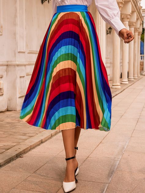 Multicolor Casual Collar  Polyester Colorblock Pleated Embellished Non-Stretch Spring/Fall Women Bottoms High Waist Pleated Skirt, High Waisted Pleated Skirt, Women Bottoms, Women Skirts, Rainbow High, Tie Dye Skirt, Pleated Skirt, Color Blocking, Womens Bottoms