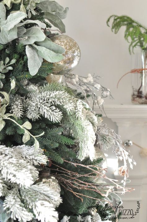 Add extra flocked branches to make a snowy tree Sage Green Flocked Christmas Tree, Christmas Trees With Eucalyptus, Green Christmas Tree With Flocked Picks, Christmas Tree With Eucalyptus, Sage Christmas Decor, Eucalyptus Christmas Tree, Fm Christmas, Sage Green Christmas Tree, Sage Green Christmas