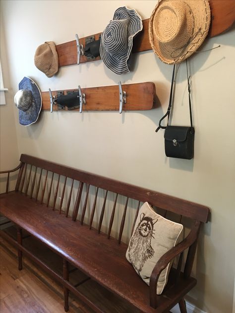 Antique Water Skis Decor, Vintage Water Ski Decor, Waterski Decor Ideas, Water Ski Decor Ideas, Water Ski Decor, Cottage Entry, Nautical Shelves, Ski Ideas, Small Motorhomes