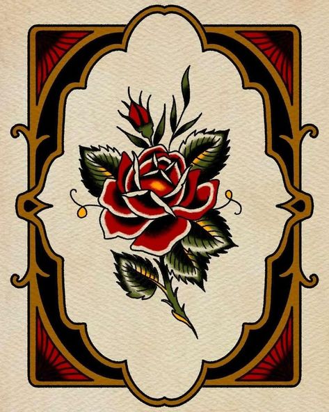 Classic American Traditional Rose. Colorado Springs tattoo. Antique traditional tattooing. Traditional Rose With Banner Tattoo, Frame Border Tattoo, Traditional Tattoo Frame Design, American Traditional Art Paintings, American Traditional Line Work, American Traditional Frame Tattoo, Ornamental Frame Tattoo, American Traditional Border, American Traditional Painting