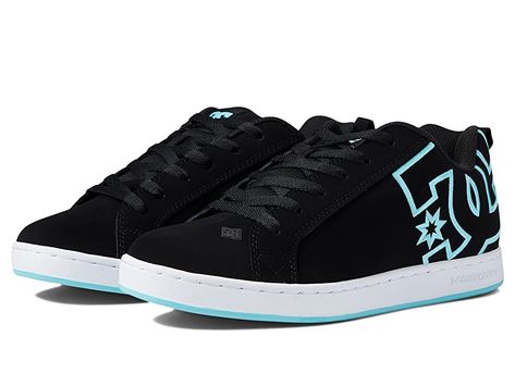 DC Court Graffik W - Women's Skate Shoes : Black/Blue 1 : A modern classic, the DC Court Graffik W casual shoes deliver with a clean silhouette and bold logo detail. Casual sneakers with heavy-duty suede, sturdy action nubuck, or soft and resilient action leather upper for abrasion-resistance and durability. Foam-padded tongue and collar for added comfort and support. Textile lining offers breathability. Internal elastic tongue holders for added foot stability. Rubber cupsole with iconic pill pa Dc Court Graffik, Dc Shoes Women, Dc Skate Shoes, Adidas Superstar Black, Women Skates, Skater Shoes, Shoe Wishlist, Funky Shoes, Skate Wear