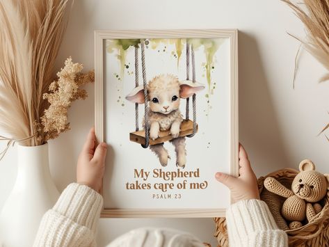 Bring the comforting essence of Psalm 23 into your child's room with our charming "My Shepherd Takes Care of Me" printable wall art. Inspired by the beloved psalm, this artwork features an adorable sheep and a heartfelt message, making it perfect for a nursery, baby room, or as a thoughtful new baby gift. Ideal for Christian nurseries, this printable wall art adds a touch of faith and warmth, making it a delightful addition to baby showers, baptisms, and gender-neutral nurseries. Instantly download and print to create a nurturing and meaningful space for your little one. ⚠️ BEFORE BUYING Please remember this is an INSTANT PRINTABLE DOWNLOAD, No physical items will be shipped. Frames in pictures are not included. There are no refunds due to the nature of the instant digital download.   🤍🤍 Boho Christian Nursery, Sheep Nursery Theme, Lamb Nursery Theme, Baby Room Artwork, Church Nursery Decor, Baby Room Decor Neutral, Neutral Nurseries, Lamb Nursery, Sheep Wall Art