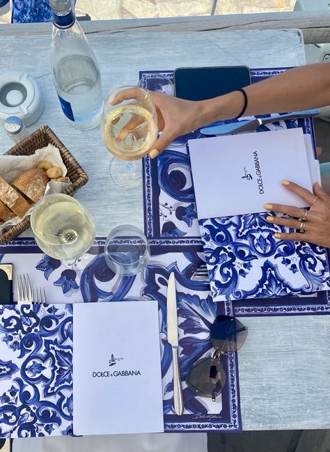 Amalfi Coast Print, Italy Mood Board, Dolce And Gabbana Aesthetic, Santorini Party, Mediterranean Hotel, Greece Party, Experiential Marketing Events, Beautiful Kitchenware, Blue Table Settings