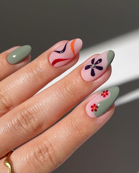 Fun and groovy nail art with muted colours🥹 swipe left for tutorial👀 Using @miicosmetics regular nail polish Rings @bohomoon - code ‘simly10’ to save 10% *affiliate Cute Spring Nail Designs Simple, Mid Century Modern Nail Art, Groovy Fall Nails, Boho Winter Nails, Luminary Nails Design, Nail Polish Rings, Dainty Nail Art, Groovy Nail Art, Luminary Nails