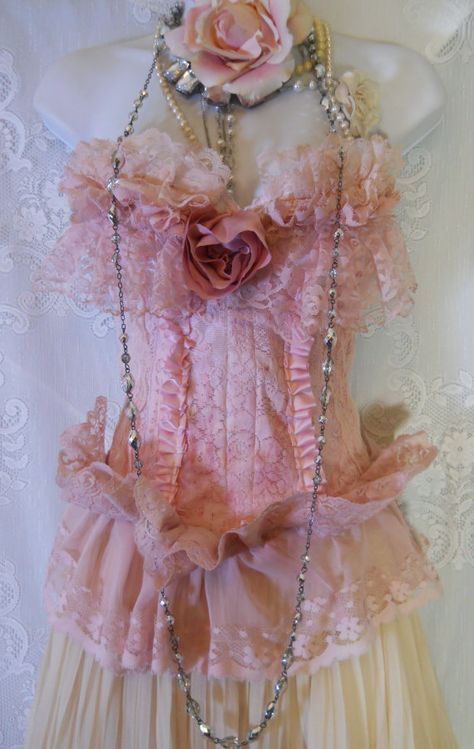 Ruffled pink  bustier lace crochet rose  corset by vintageopulence, Rose Corset, Pink Bustier, Vintage Opulence, Mannequin Dress, Dress Forms, Pearl And Lace, Corset Lingerie, Crochet Rose, Boho Lace