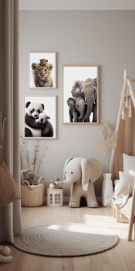 Beige Animal Nursery, Nursery Room Animals, Baby Nursery Animals Theme, Baby Room Ideas Animals, Small Picture Wall Ideas, Nursery Ideas Animals, Kids Neutral Bedroom, Boy Nursery Room, Baby Room Themes Neutral