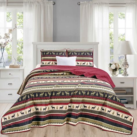 PRICES MAY VARY. 3-Piece Quilt Bedspread Includes: 1 Bedspread, 2 Shams Measurements: Bedspread 118" x 95", Shams 20" x 36" Cabin lodge inpired theme with wonderful strips of moose and deers across nature. Beautiful unique printed patterns with complementing color tones Made oversized for an extra hang over the mattress. Super soft and versatile lightweight quilt for year-round use Easy Care - Machine washable in cold water, tumble dry low, do not bleach Give your bedroom a much deserved makeove Forest Wildlife, Moose Deer, King Black, Forest And Wildlife, Quilt Bedspread, Thick Blanket, Bear Quilts, Country Cabin, Cabin Lodge