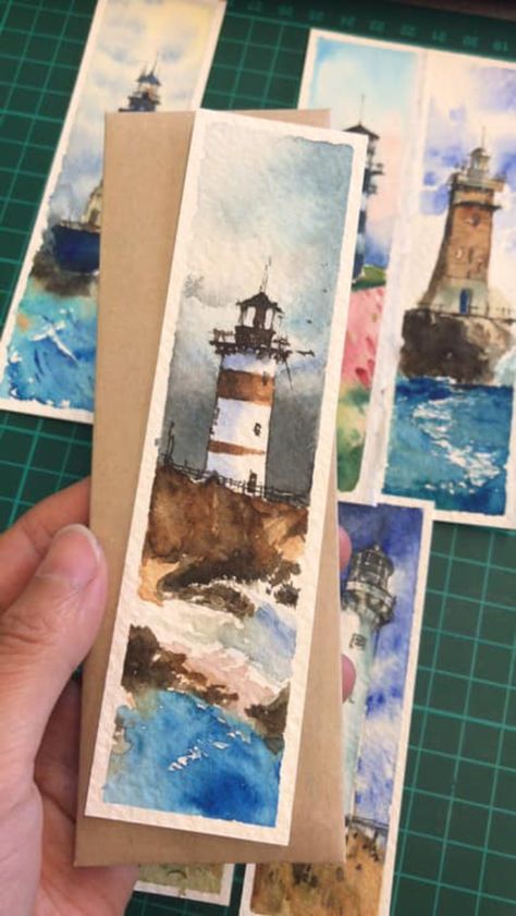 Watercolor Landscape Bookmark, Watercolor Painted Bookmarks, Watercolor Paintings Bookmarks, Water Colour Bookmarks, Watercolor Bookmarks Ideas, Watercolour Bookmarks, Watercolor Bookmarks, Diy Watercolor Painting, Animale Rare