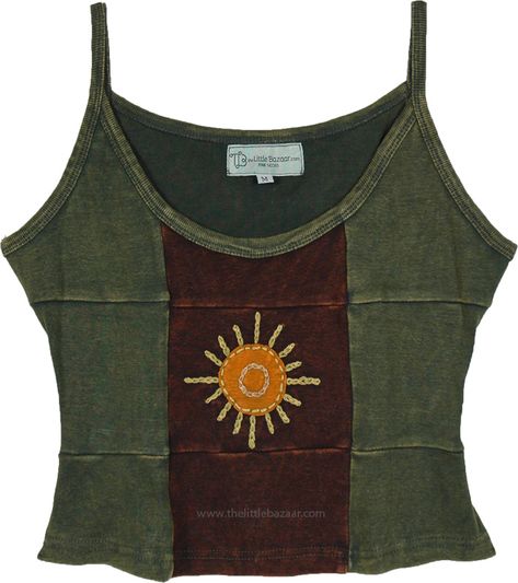 A short cropped tank top in stonewashed ribbed cotton with shades of green and brown and an orange sun hand embroidery in the center.  The cropped tank is an artistic and harmonious clothing with an outstanding overall look. #tlb #CelestialCosmic #Sleeveless #Stonewash #Embroidered #vacationclothing #bohemianfashion #Handmade #JuniorPetite #bohotanktop #summerhippietanktop Angel Olsen, Hippie Tank Tops, Buy My Clothes, Silly Clothes, Brown Tunic, Grunge Clothes, Boho Tank Top, Hippie Look, Bohemian Handmade