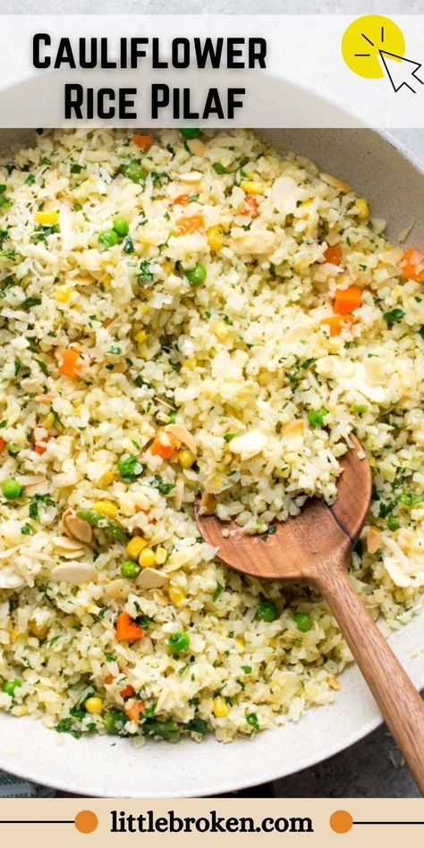 Tasty cauliflower rice pilaf is a quick side dish made entirely with riced cauliflower. It’s loaded with amazing texture and flavor! Cauliflower Rice With Veggies, What To Do With Riced Cauliflower, Recipe For Riced Cauliflower, Flavored Cauliflower Rice, Tasty Cauliflower Rice, Riced Califlower Recipes Sides, Riced Veggie Recipes, Cauliflower Rice Side Dish, Steamed Cauliflower Rice Recipes