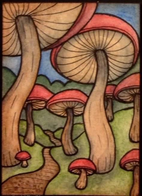 Thing To Paint With Watercolor, Psychadelic Art Mushrooms, Hand Drawn Poster Ideas, Drawings With Watercolor Pencils, Shroom Drawings Trippy, Cool Watercolor Ideas Trippy, Hippie Watercolor Painting, Things To Draw With Watercolor, Trippy Pencil Drawings