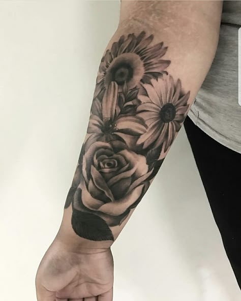 Rose, Lily, Daisy, and Sunflower 💜 I'm so glad to have this one my arm! Lily Daisy Tattoo, Daisy And Rose Tattoo, Rose And Daisy Tattoo, Sunflower And Rose Tattoo, Shine Tattoo, Rose Vine Tattoos, Leg Tattoos Small, Sunflower Tattoo Thigh, Sunflower Tattoo Simple