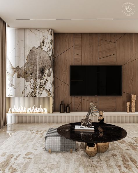 Ruang Tv Modern, Tv Unit With Fireplace, Tv Unite, Perete Accent, Luxury Reception, Ruang Tv, Modern Tv Room, Feature Wall Living Room, Modern Tv Wall