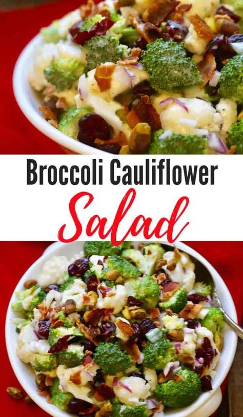 My easy, make-ahead, low-carb wonder, Broccoli-Cauliflower Salad with Cranberries is a holiday side-dish favorite. This healthy salad is full of crisp broccoli and cauliflower, sweet/tart cranberries and crunchy pistachios and it's equally at home on an elegant Christmas dinner table or at a covered dish neighborhood potluck. #broccolisalad, #saladrecipes, #christmassidedish Brocolli Cauliflower Salad, Elegant Christmas Dinner, Cranberry Salad Recipes, Salad With Cranberries, Cold Salad Recipes, Christmas Salad Recipes, Broccoli Cauliflower Salad, Broccoli And Cauliflower, Fall Salad