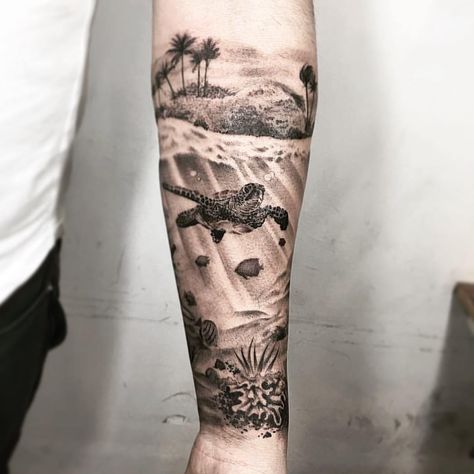 Beach Realism Tattoo, Quad Sleeve Tattoo, Underwater Leg Tattoo, Seascape Tattoo Sleeve, Ocean Calf Tattoo, Underwater Leg Sleeve Tattoo, Dolphin Tattoo Realistic, Coastal Tattoos Men, Under Ocean Tattoo