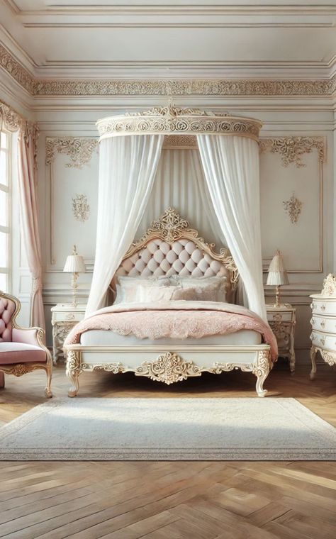 A minimalist Rococo-style bedroom featuring a canopy bed with intricate detailing, a vintage dresser, and a tufted armchair. The room includes decorative moldings, a chandelier, and large windows with sheer curtains. The color palette consists of delicate shades of pink, cream, and gold, creating a luxurious and romantic atmosphere. Rococo Bedroom, Rococo Interior Design, Rococo Aesthetic, Rococo Design, Rococo Interior, Tufted Armchair, Vintage Dresser, Canopy Bed, Pink Bedding