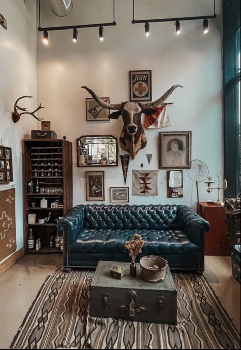 Chelsea Houska Living Room, Cowboy House Decor Rustic, Western Vintage Living Room, Dark Country Decor, Western Boho Office Decor Ideas, Yellowstone Home Aesthetic, Austin Texas Interior Design, Maximalist Western Decor, Western Home Office Ideas