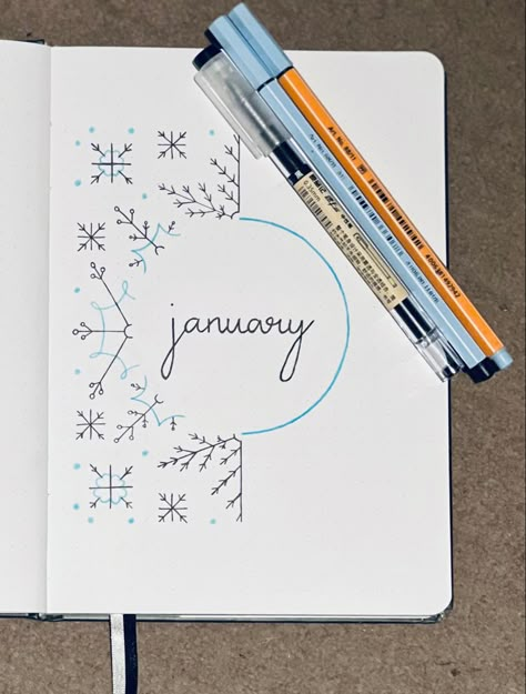 A cover idea for january January Planner Theme, January Bujo Cover Page, January Doodles Ideas, Ways To Write January, January Bujo Ideas, January Journal Page, January Planner Ideas, Bujo New Year Page, January Journal Cover